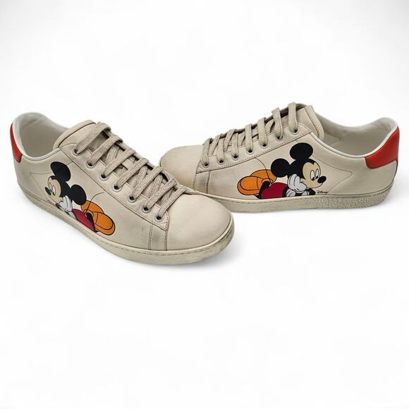 Gucci Ace Sneaker Disney Mickey Mouse Beige Orange Low Top Size 38.5 US 8.5 - Picture 1 of 11